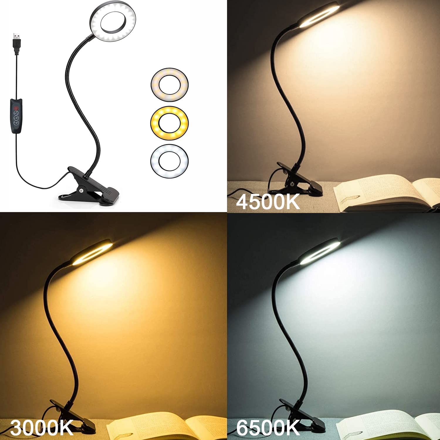 Desk Lamp Clip on Light, Lamp with Color Modes Brightness Levels, Flexible Gooseneck Eye Protection Bed Night Light for Reading — image 2