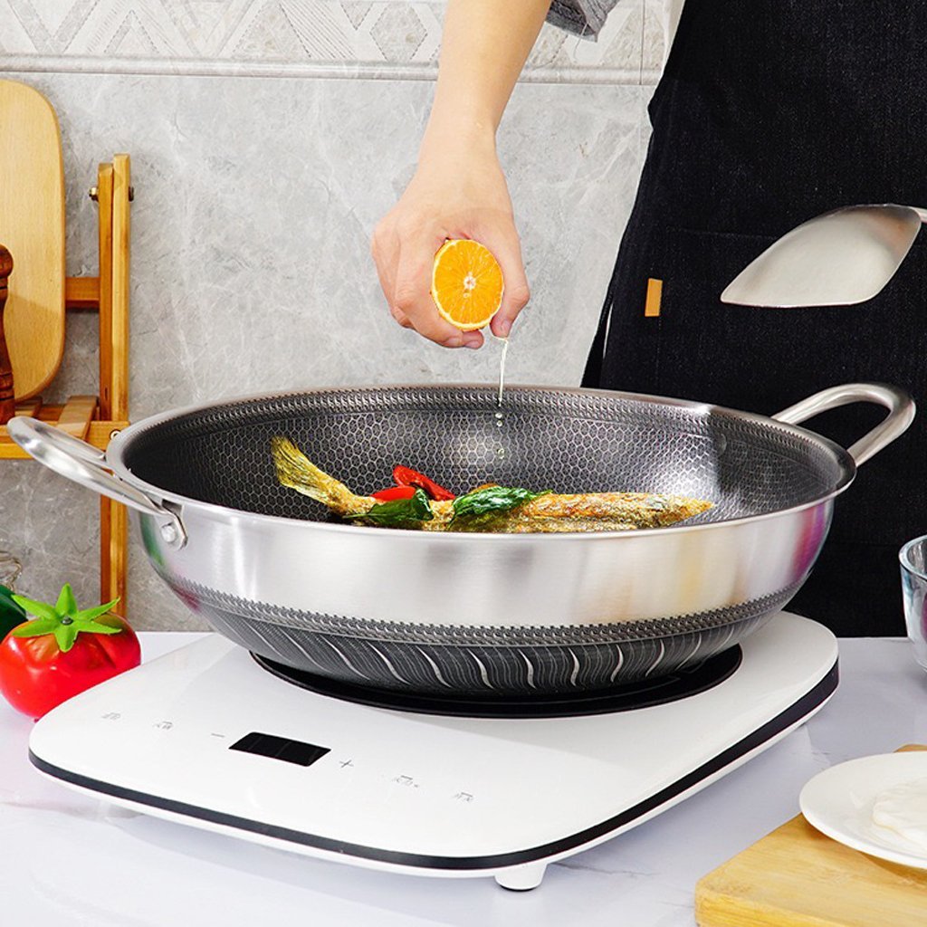 Double Ear 304 Stainless Steel 38cm Non-Stick Stir Fry Cooking Kitchen Wok Pan with Lid Honeycomb Double Sided — image 3