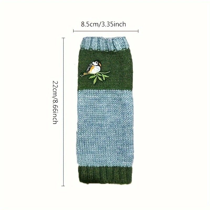 Color-Block Bird Embroidered Fingerless Knit Gloves – Warm, Flexible, Perfect for Daily Autumn/Winter Use, 8.5×22cm Stylish Practical Commute Hand-Warming — image 2