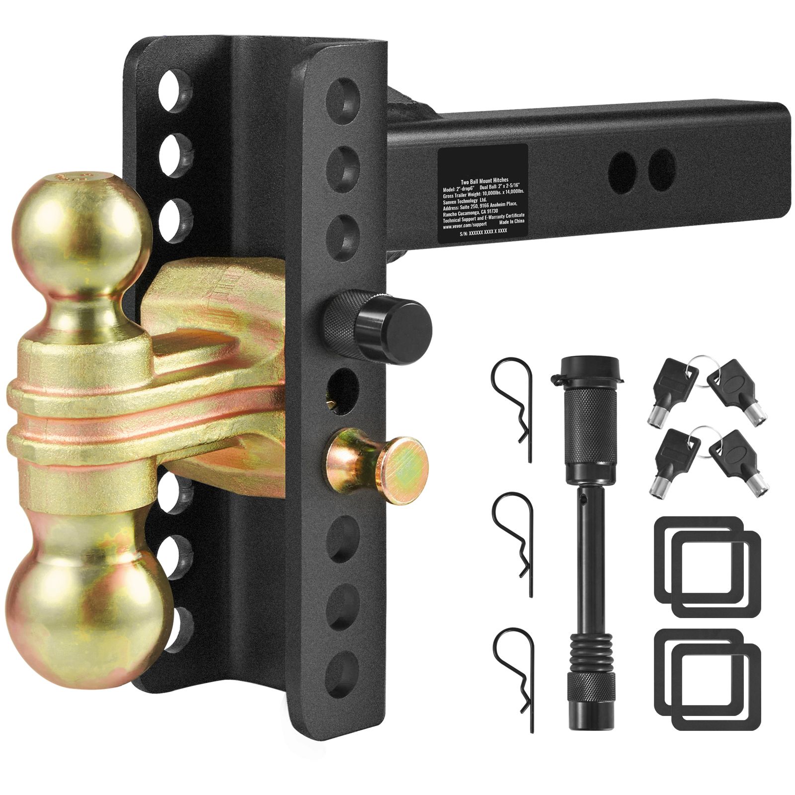 Adjustable Trailer Hitch, 152.4 mm Drop & 114.3 mm Rise Hitch Ball Mount with 50.8 mm Receiver, Solid Tube, 6350 kg GTW, 50.8 mm and 58.7 mm 45# Steel Tow