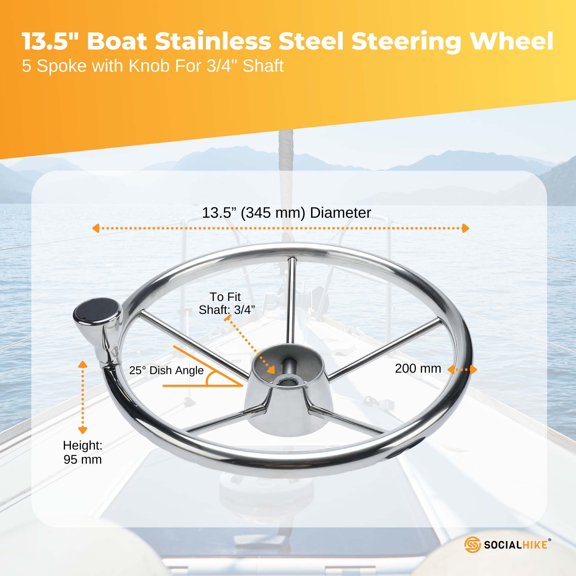 13.5" Boat Stainless Steel Steering Wheel - 5 Spoke with Knob For 3/4" Shaft — image 2