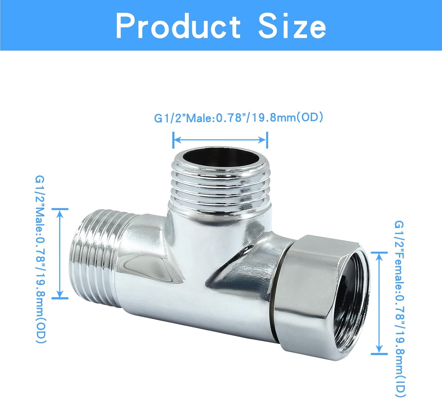 G1/2" 3 Way Diverter Valve, Solid Brass Tee Adapter Connection for Bath Shower Arm, Bidet Sprayer Faucet (Silver) — image 5