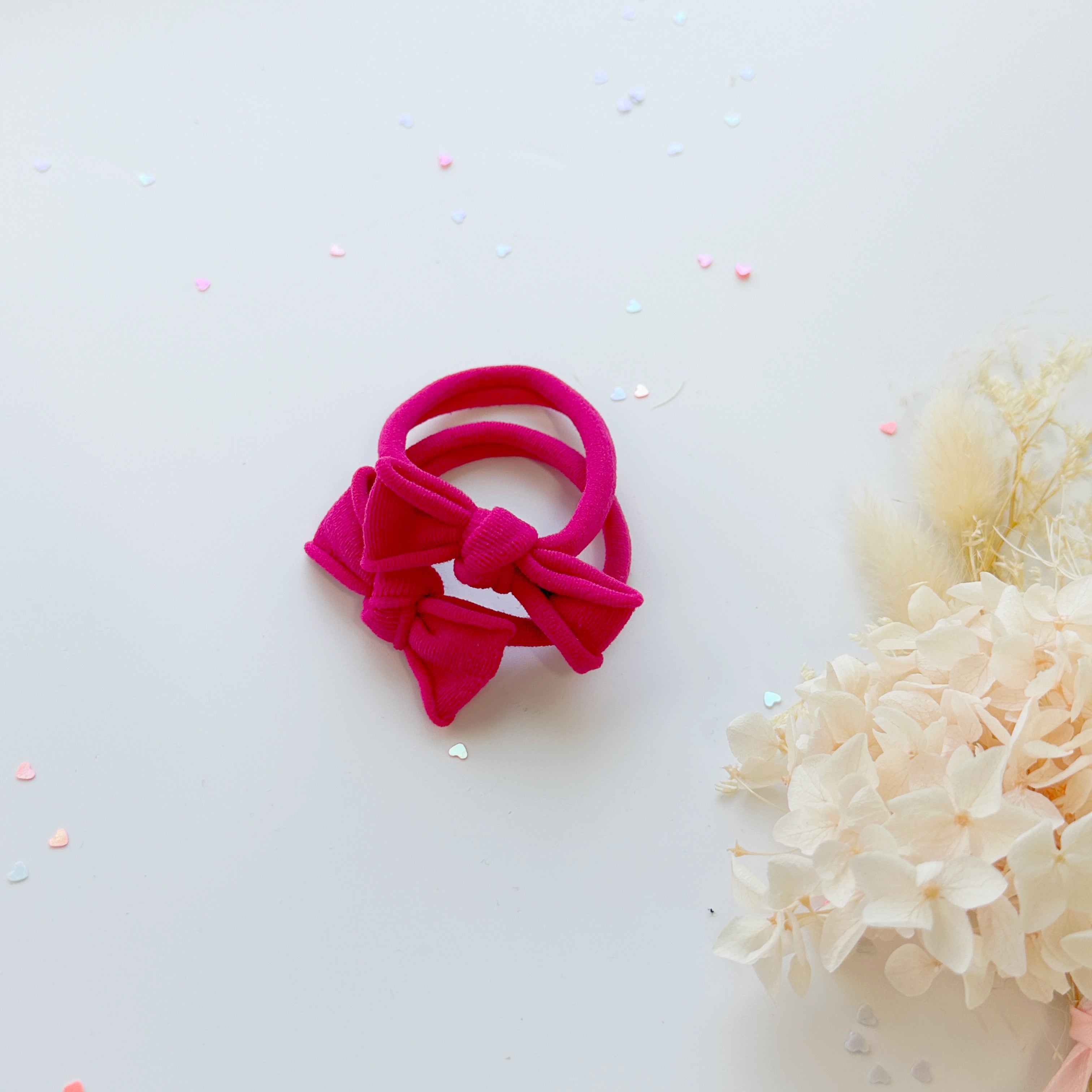 Handmade Simple Bow metal free hair ties -Pink - 1 Pairs - Rose Pink โ image 3