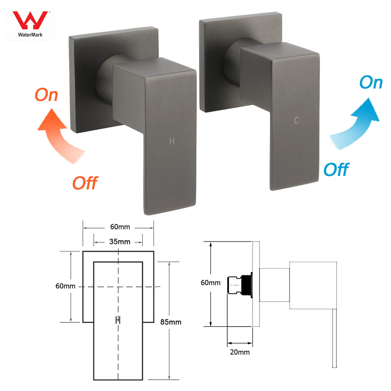 Gun Metal Grey Square 1/4 Quarter Turn Wall Twin Taps For Shower Basin Spout Set โ image 2