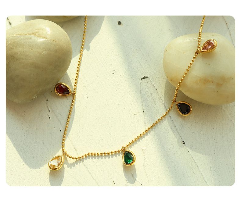 Stainless Steel Necklace Pendant, Gold Women Necklace with Colorful Teardrop Cubic Zirconia Pendant Necklaces โ image 5