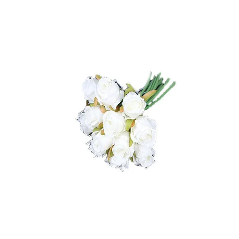 12 Heads Silk Rose Artificial Flowers Fake Bouquet - White
