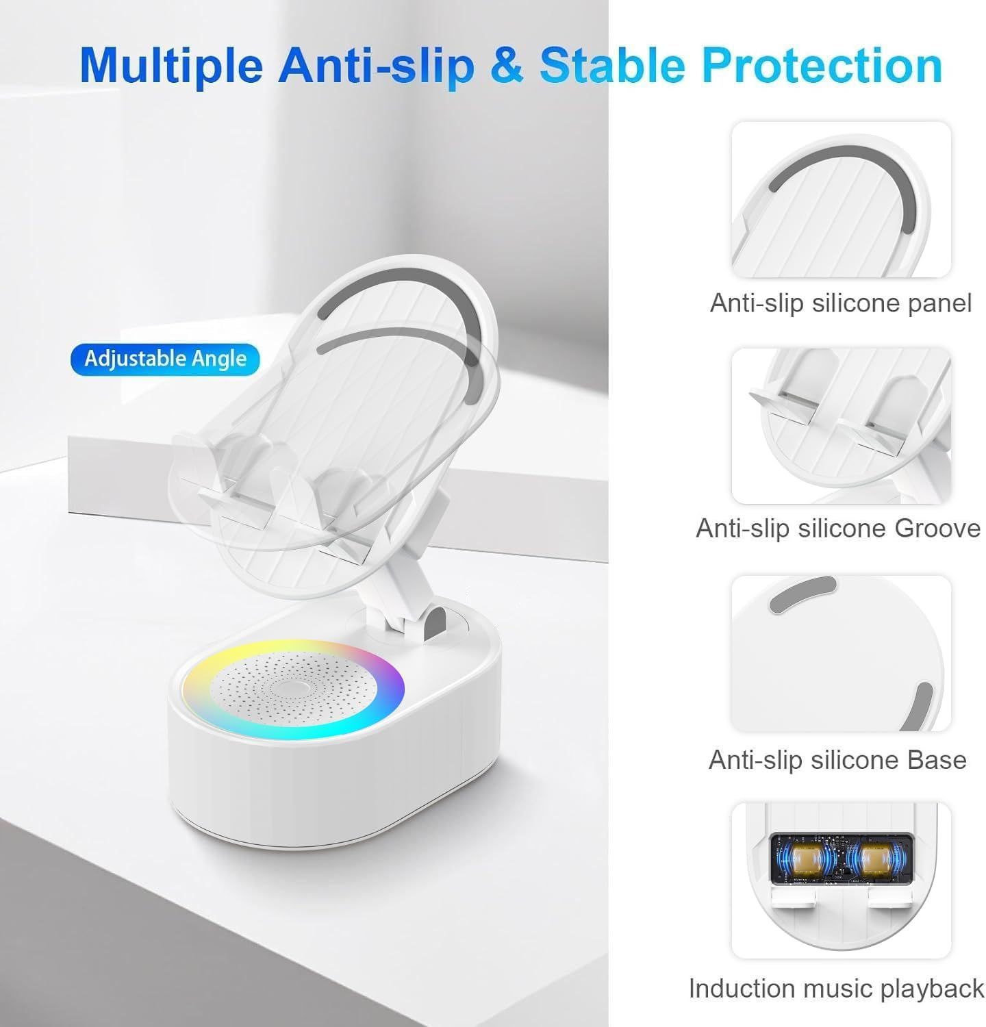 Wireless Induction Audio Bluetooth Speaker 5in1 Phone Holder Emergency Rechargeable (3000mAh) with Colorful Ambient Light 300° Foldable for Tablet iPhone — image 5