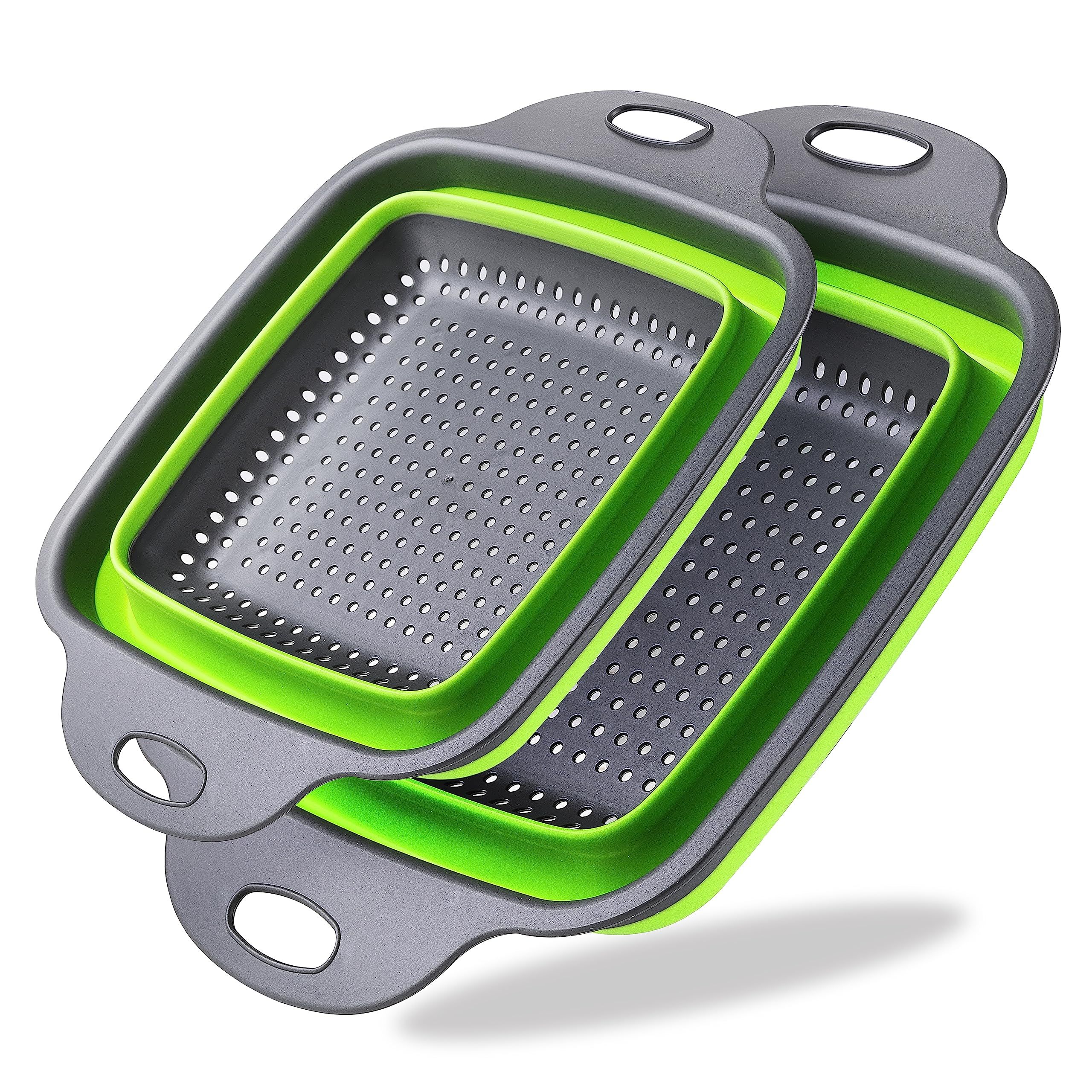 2PCS Collapsible Strainer, Silicone Collapsible, 11.5 inch Square Silicone and 9.5inch Square Silicone (Green)