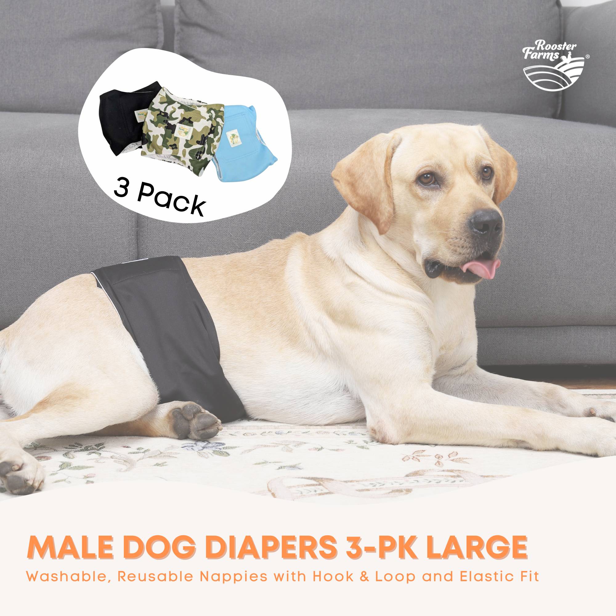 Rooster Farms Male Dog Diapers Large 3Pk - Washable Reusable Nappies Hook/Loop โ image 3