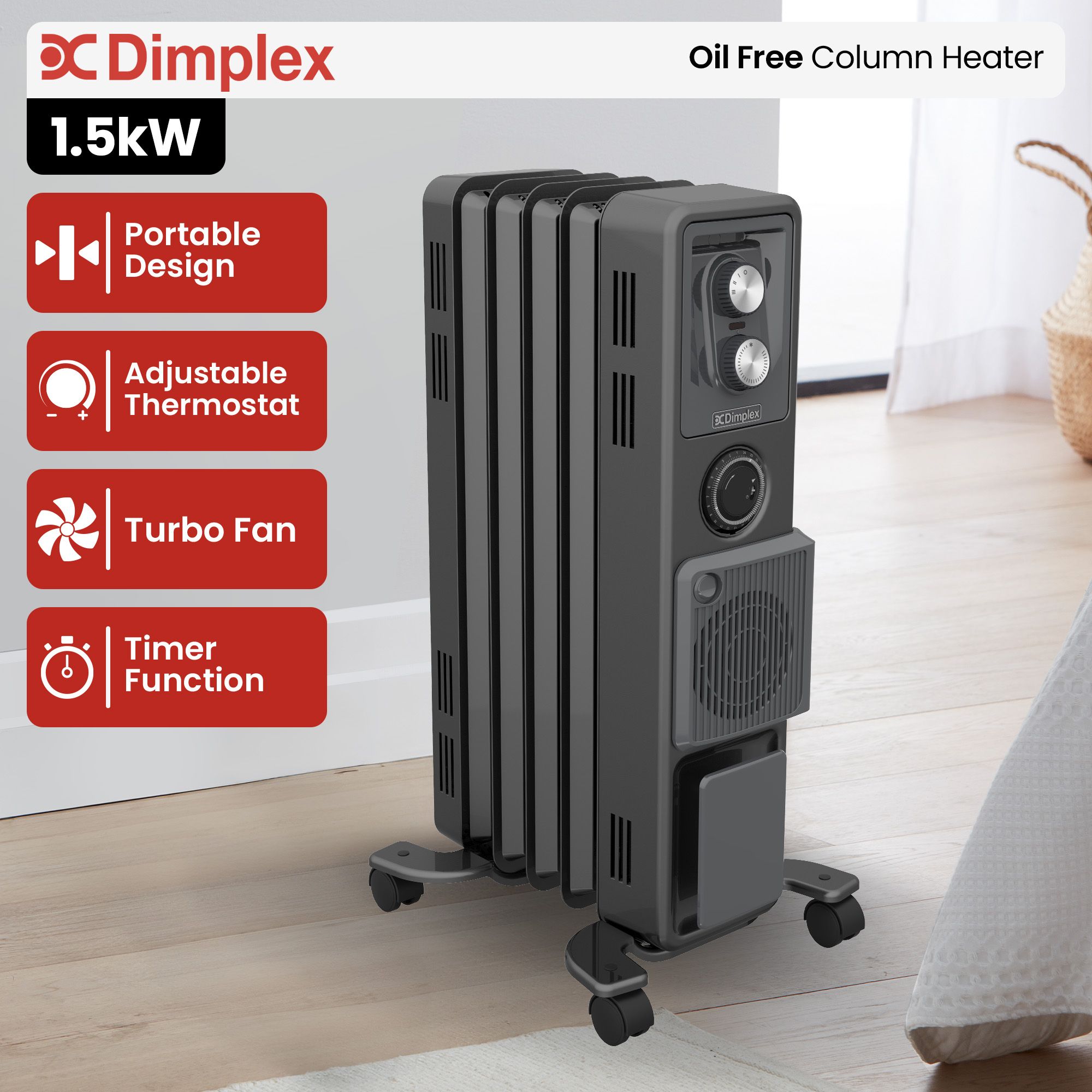Dimplex 1.5kW Oil Free Column Heater - Portable Electric Radiator w/ Turbo Fan, Thermostat & Timer - Black — image 2
