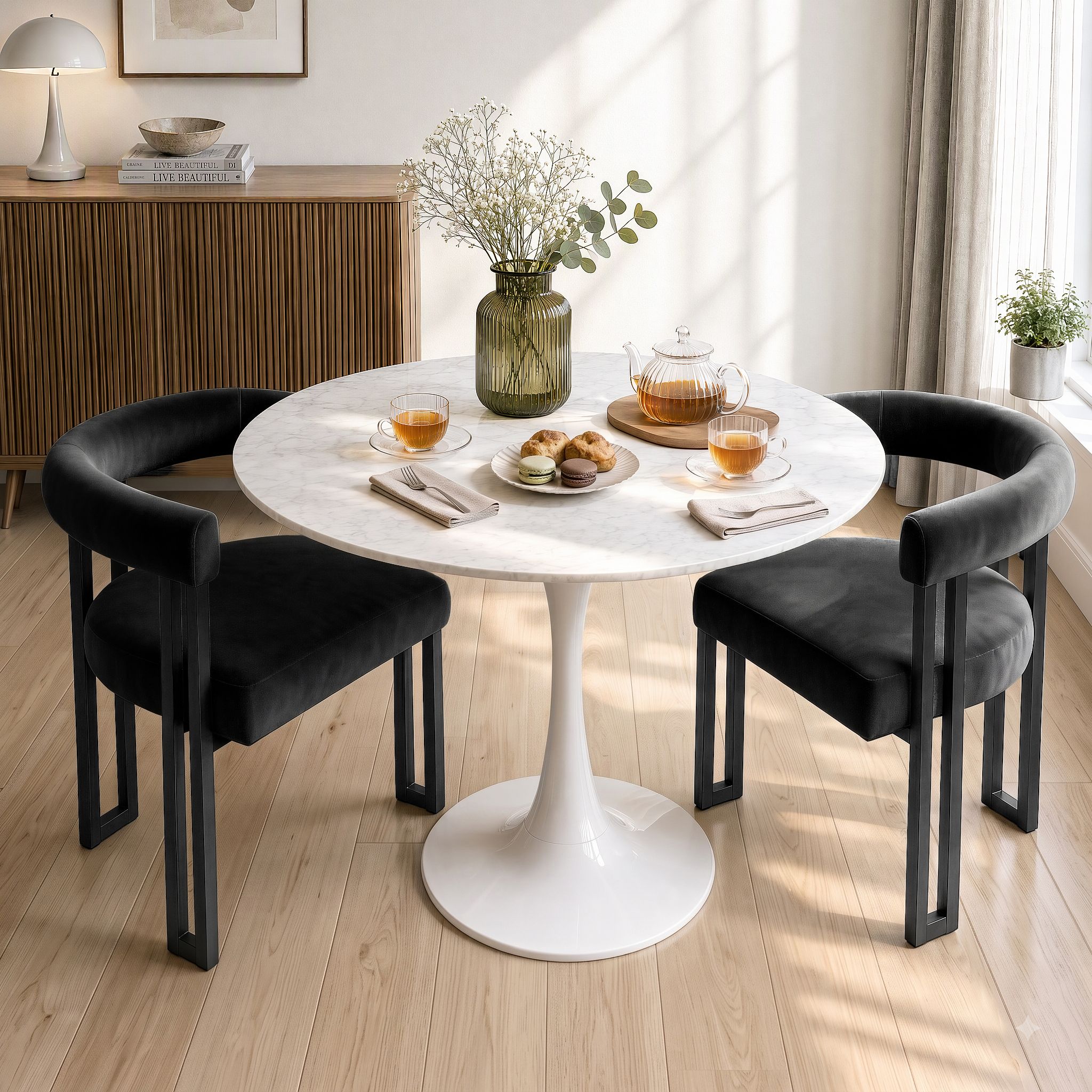 Artiss Dining Chairs Set of 2 Velvet Upholstered Barrel Chairs with Curved Armrests & Back Black โ image 4