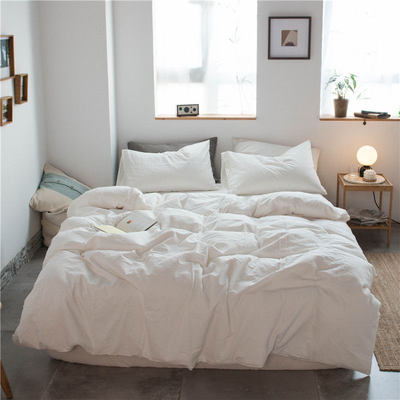 Cotton 4 Piece Set Modern Minimalist White Bed sheet kit_1.5m bed-quilt cover 200 × 230cm (four-piece set)