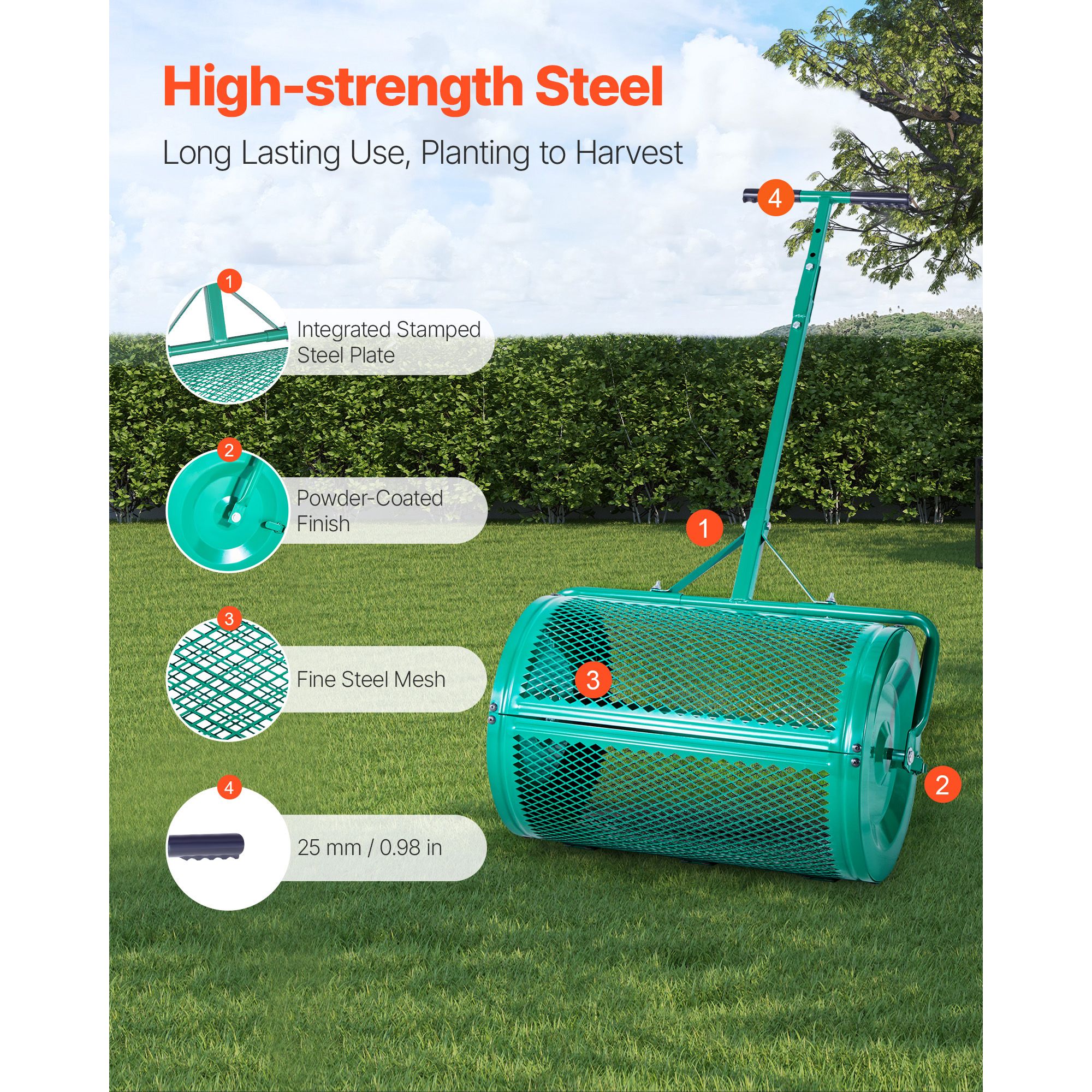 Compost Spreader, 24 in Wide Peat Moss Spreader with Push/Tow Handle, 4 Heights Adjustable, Powder-Coated Steel Garden Peat Moss Roller, Heavy Duty Grass Seed — image 4
