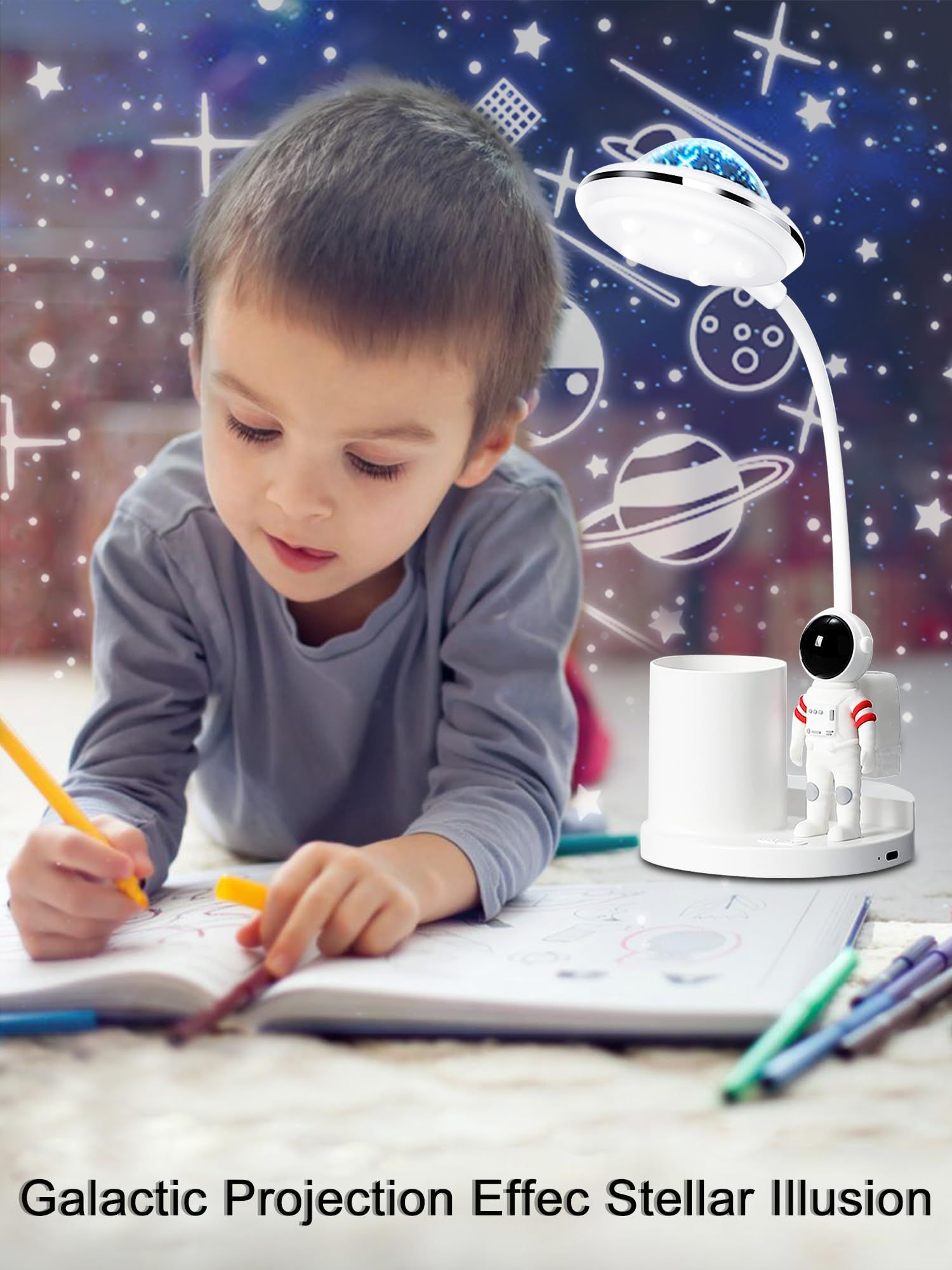 Astronaut Desk Lamp for Kids, Star Space Projector Galaxy Night Light, Eye-Care Reading Small Desk Lamps, with Pen Holder Table Lamp — image 2