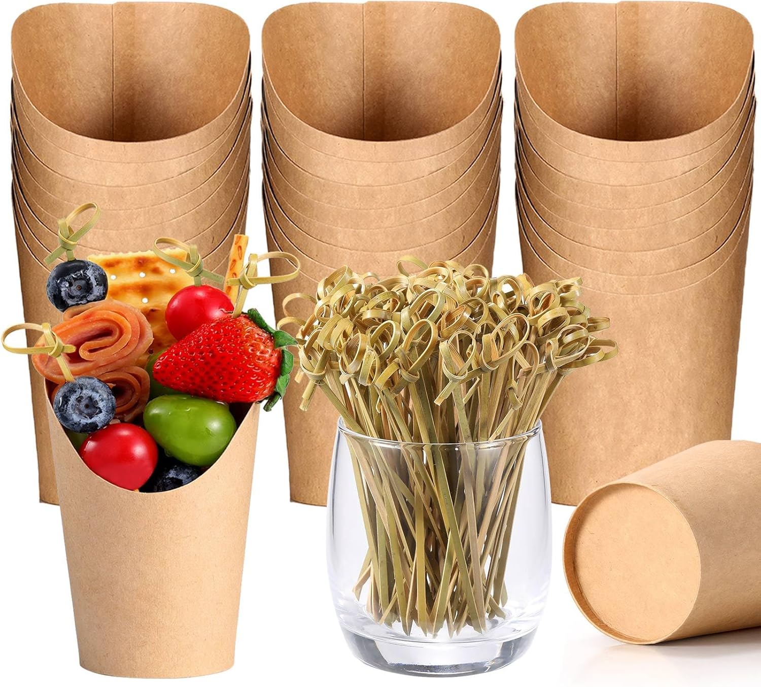 Charcuterie Cups with Cocktail Picks, 12 OZ Paper Appetizer Cups 24 Pcs with 4.7 Inch Bamboo Knot Skewers 100 Pcs, French Fries Holder Cones Brown, Party