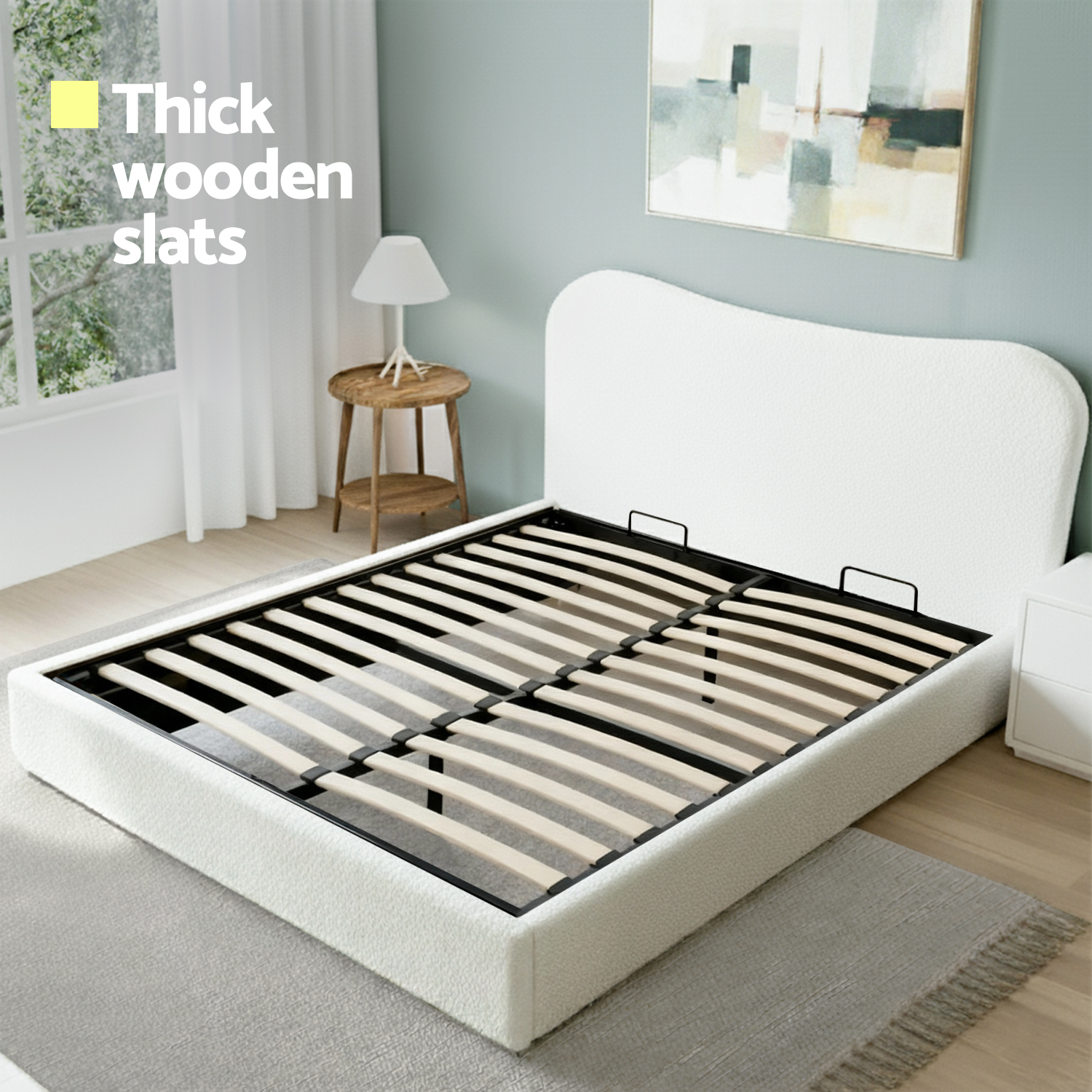 Artiss Double Bed Frame with Gaslift Storage Wooden Platform Mattress Base Boucle Upholstered White โ image 6