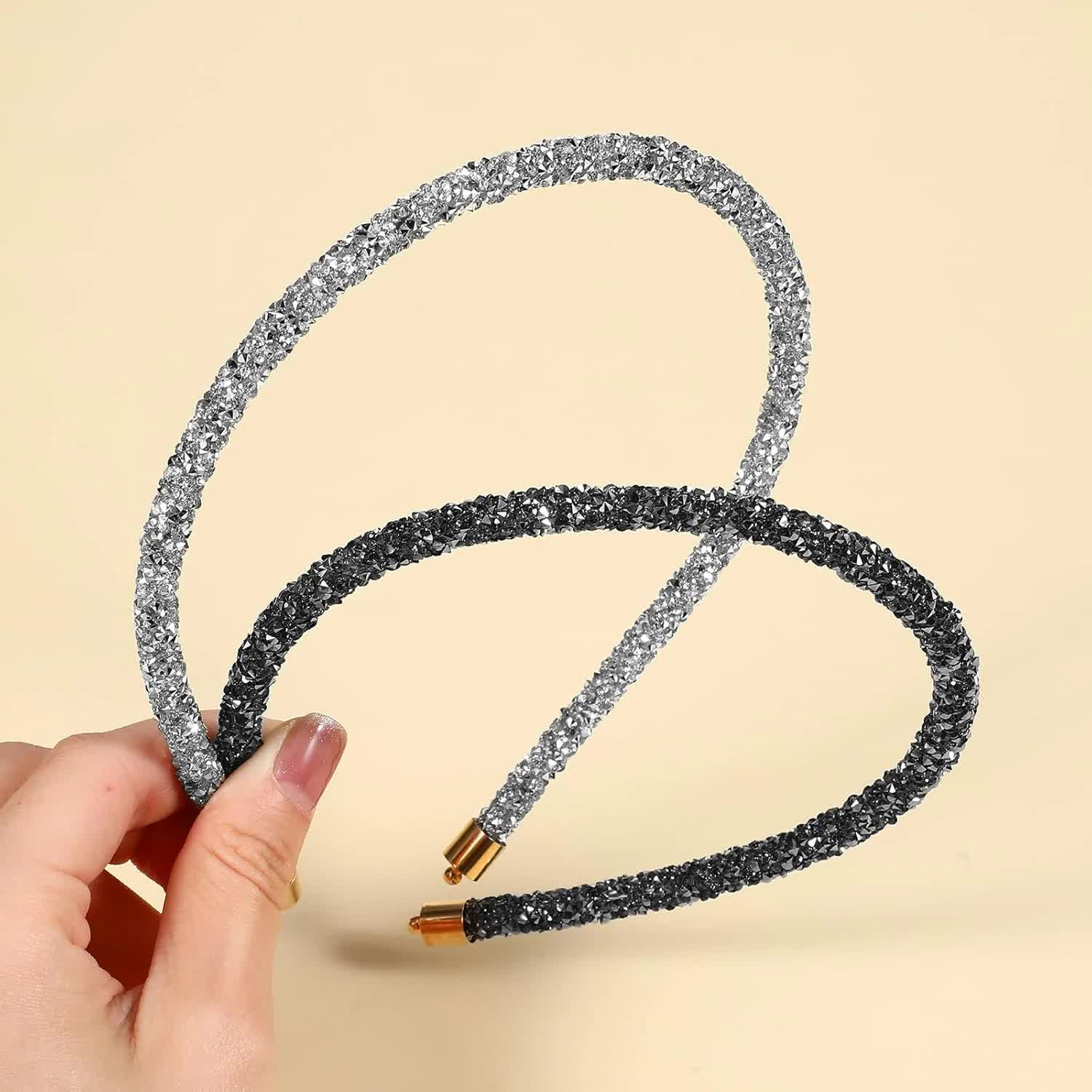 2Pcs Rhinestone Headband, Sparkly Crystal Headband for Women Girls Glitter Diamond Headbands Bling Hair Styling Accessories for Wedding Birthday Party (Black — image 3