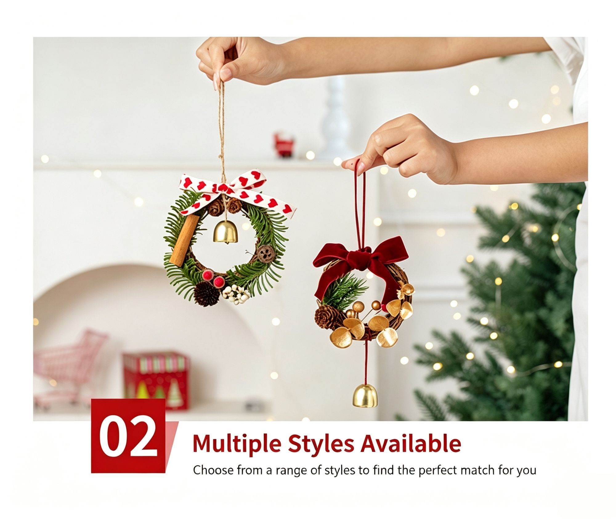 Christmas Pine Cone Wood Strip Double Green Bell Wreath Hanging Charm, Indoor Ambience Pendant for Christmas Seasonal Presents, Model D7 — image 4