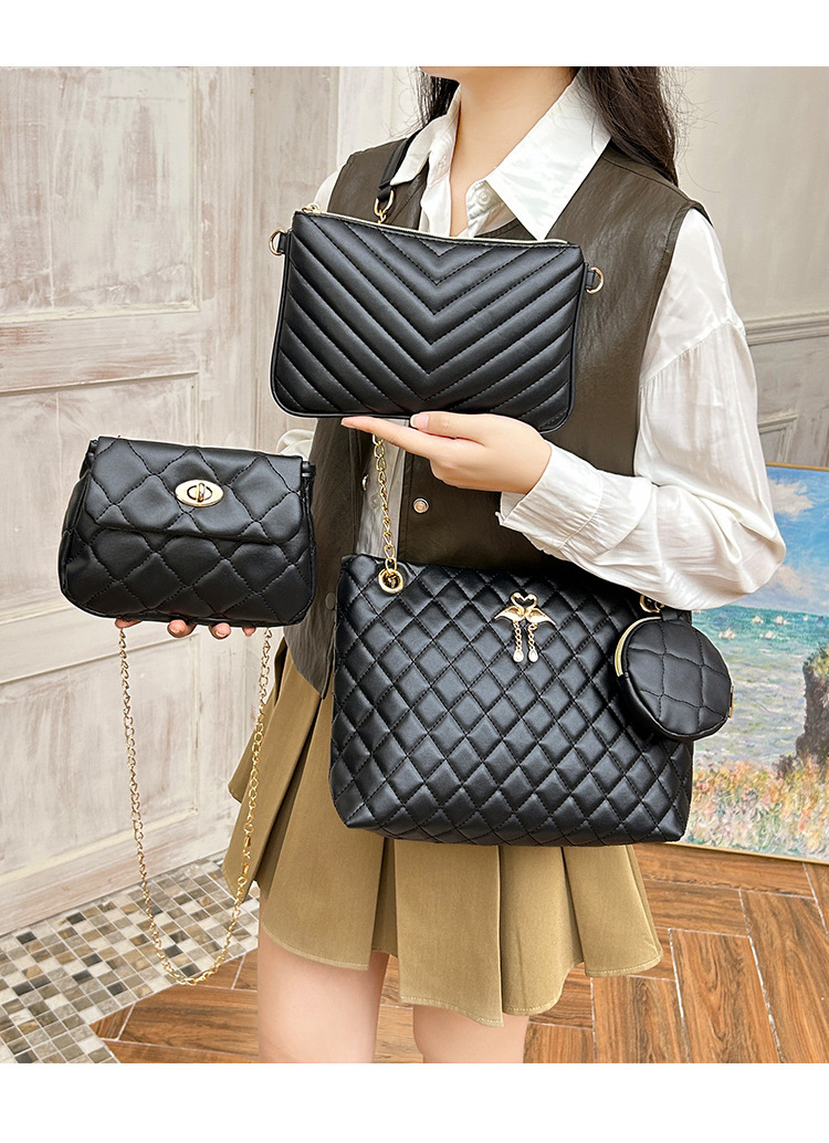 4-Piece PU Leather Rhombus Handbag Set - Large Capacity Shoulder Bag with Secure Zipper & Buckle Closure, Stylish Strap & Charms(Black) — image 4