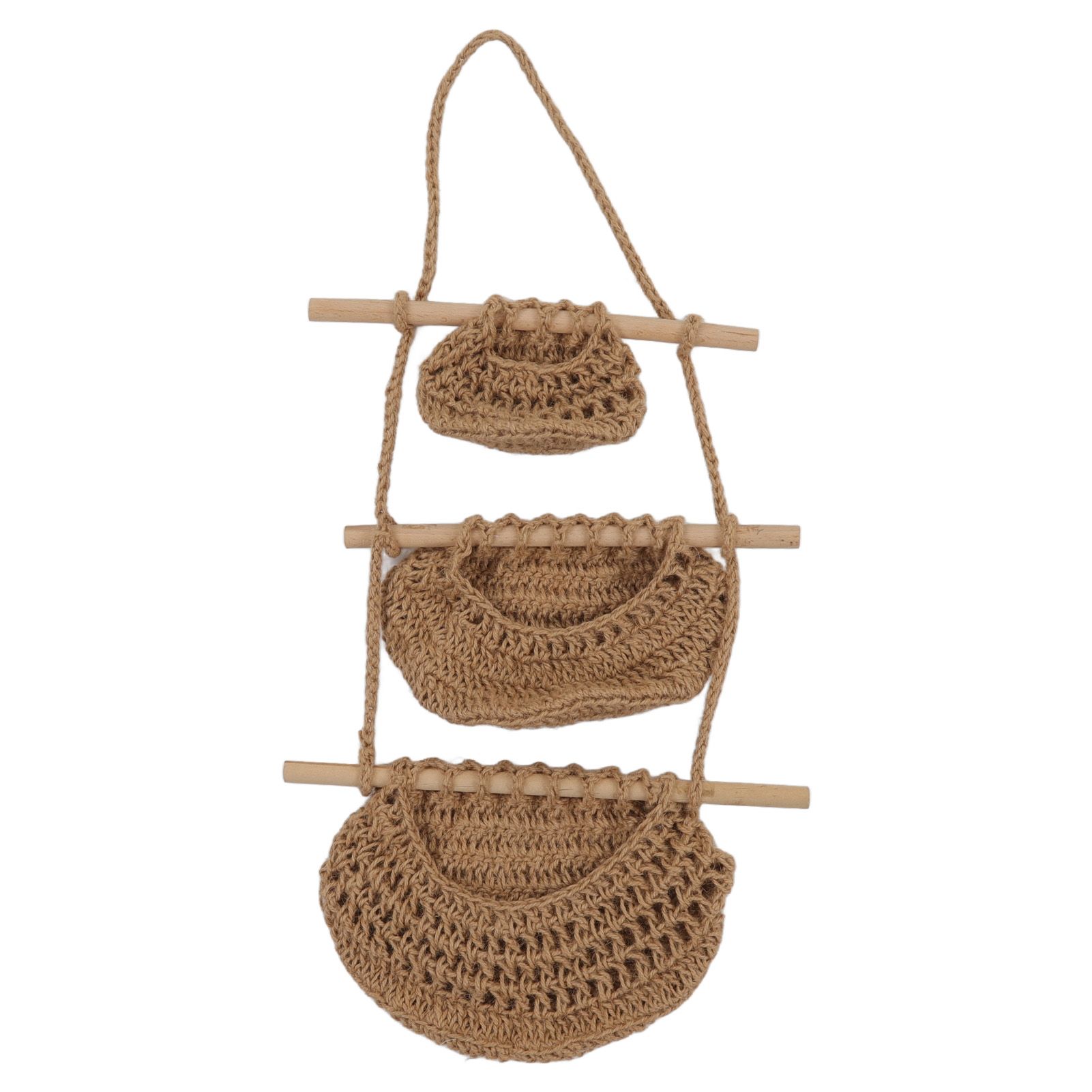 Hanging Fruit Basket 3 Tier Wall Mounted Handcraft Hemp Rope Wood 3 Tier Hanging Wall Basket for Toys Pet Plush Toys Dolls โ image 2
