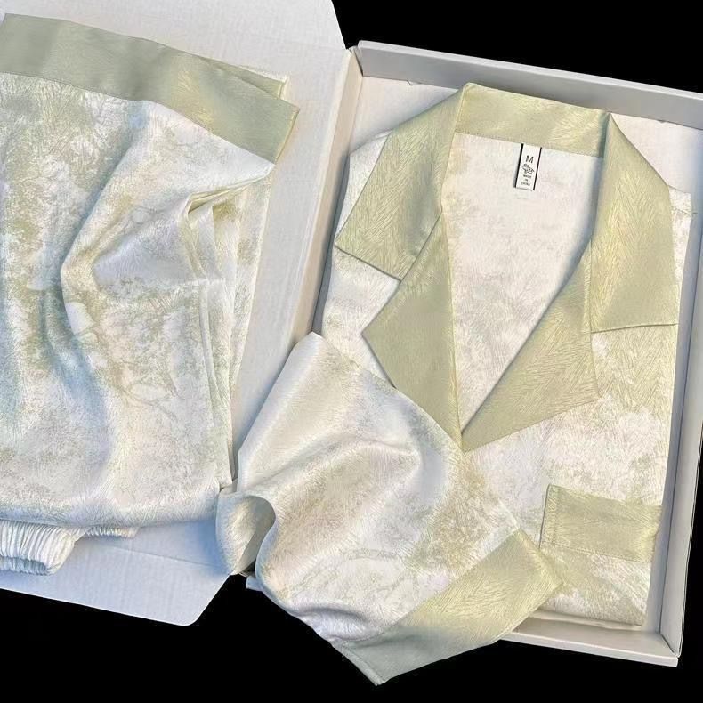 Women Long Sleeve Sleepwear Set Polyester Home Double-length green# twill sand painting M