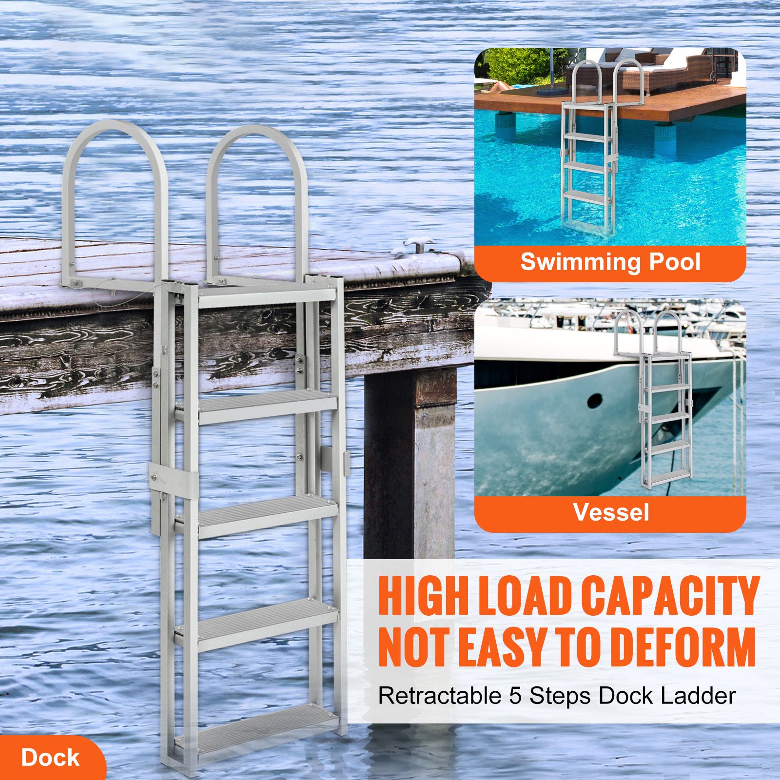 Dock Ladder, Retractable 5 Steps, 350 lbs Load Capacity, Aluminum Alloy Pontoon Boat Ladder with 66.9''-78.9'' Adjustable Height, 4'' Wide Step & Mat, for — image 2