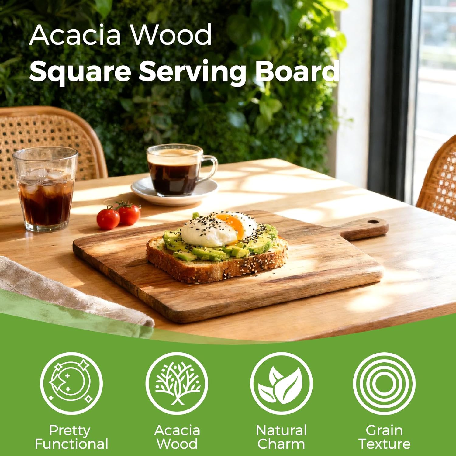 Acacia Wood Cutting Board with Handle, Wooden Chopping Board for Meat, Cheese, Bread & Vegetables, Decorative Charcuterie Serving Board for Kitchen Cooking — image 2