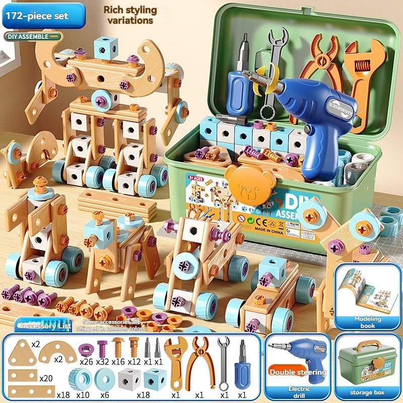 DIY assembly toy, wooden building set, electric drill toy for kids, educational construction toy, creative puzzle set, children's tool kit