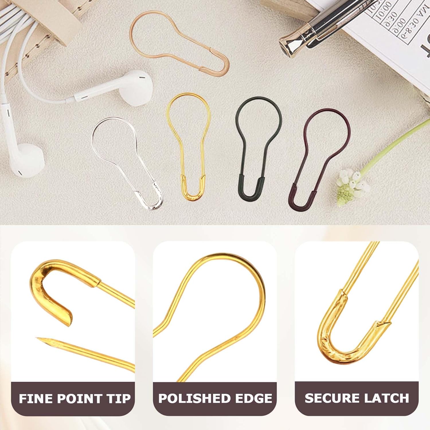 300Pcs Mixed Color Safety Pins - 0.9 Inch Metal Calabash Bulb Clothing Tag Pins for Knitting, DIY Crafts, Clothing Tags & Home Accessories - Colorful Gourd — image 2
