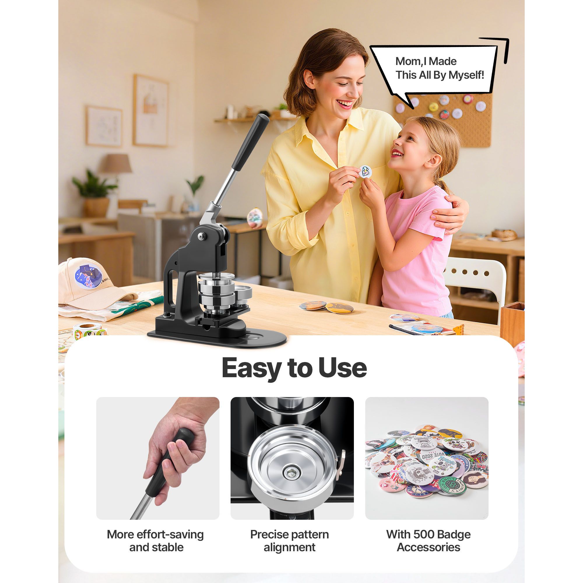 Button Maker Machine, 58 mm, Pin Maker Machine with 500pcs Button Parts, Circle Cutter, Hex Wrenches and Magic Book, Ergonomic Handle, for DIY Badges โ image 4
