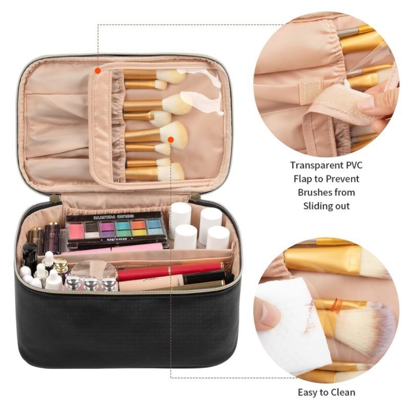 Black Large Capacity Travel Makeup Bag Portable Cosmetic Case with Handle and Dividers Elegant Toiletry Organizer for Daily Use โ image 3