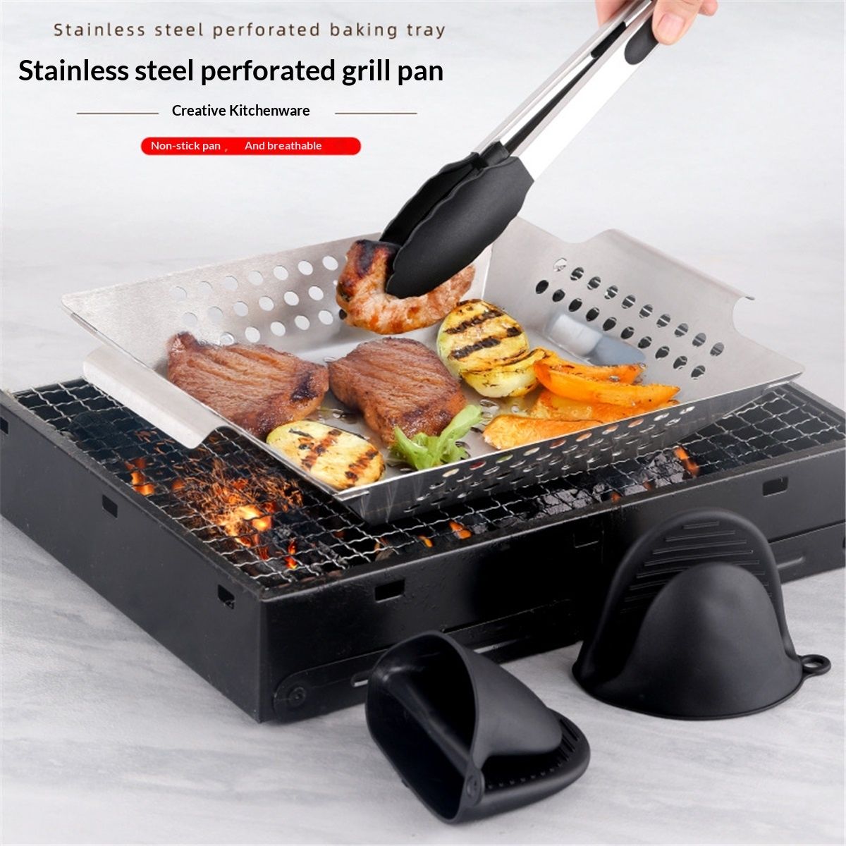 Grill Basket, Stainless Steel Grilling Basket, BBQ Grill Basket Wok for Vegetable, Kabobs, Shrimps, Heavy Duty Stainless Steel Grilling Accessories for All — image 3