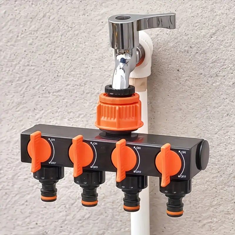 4-Way Independent Valve Garden Hose Splitter: Leak-Proof Faucet Connector, All-in-One for Watering, Car Washing and Sprinkler Systems, Essential Outdoor Tool