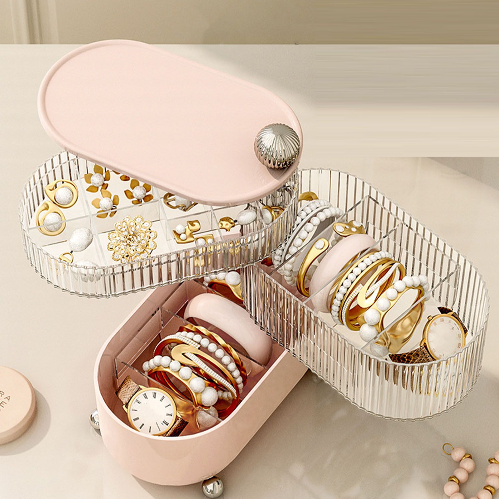 Desktop Storage Box 3 Tier Rotating Divided Organizer for Jewelry Data Cable Cosmetic Cream Pink โ image 6