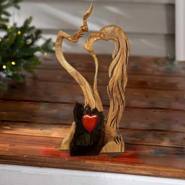 Wooden Love Heart Kissing Couple Abstract Sculpture Romantic Statue Figures — image 2