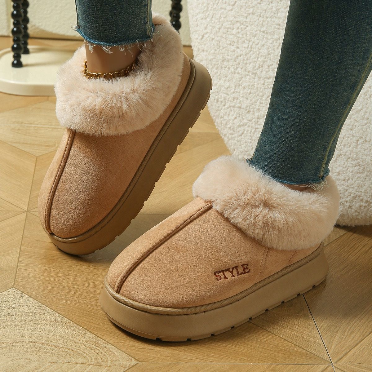 Cozy Winter House Slippers with Thick Sole, Faux Suede and Plush Lining, Non-Slip Indoor-Outdoor Wear, Solid Color Lace-Trimmed Simple Style for Warmth and — image 4