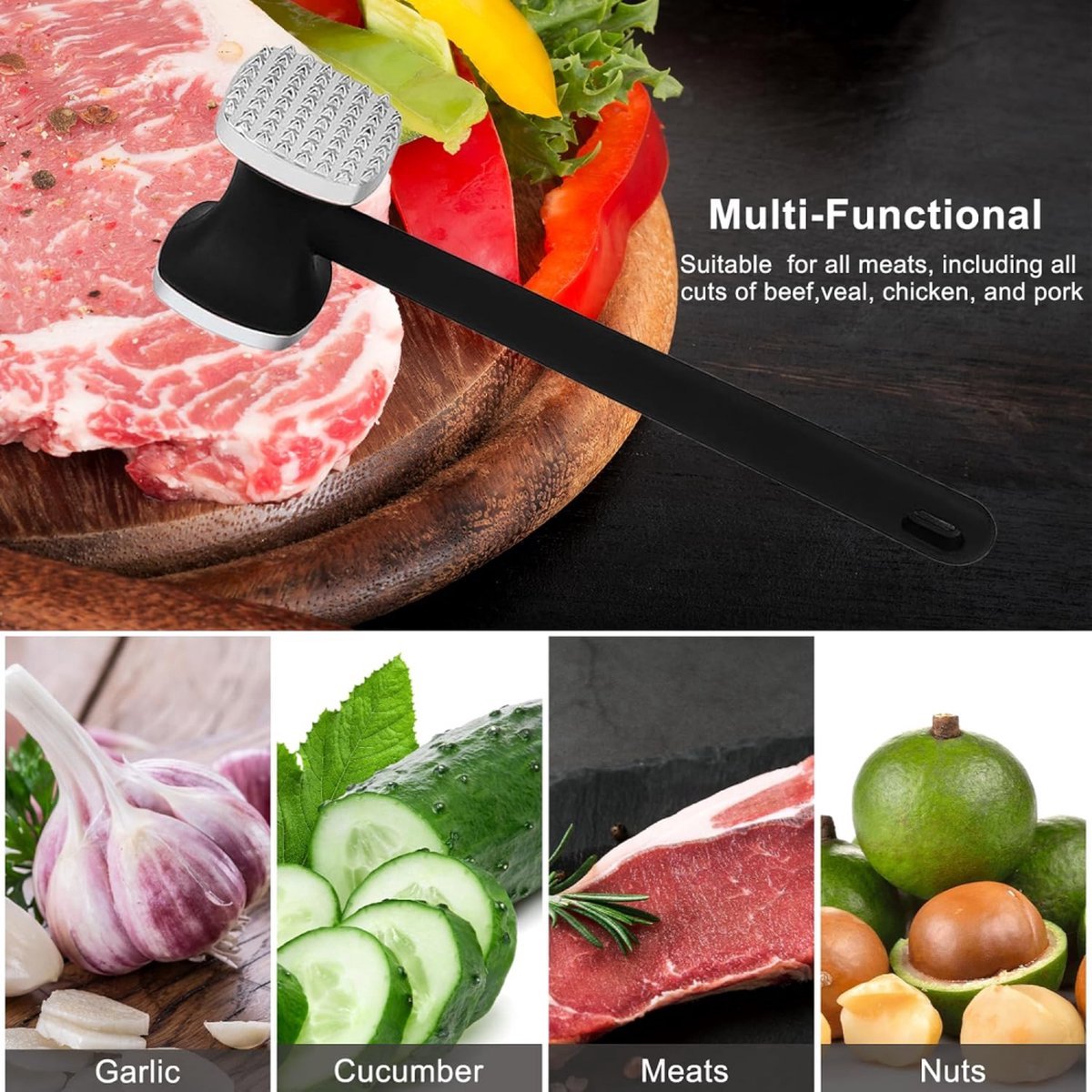 Meat Hammer - Meat Tenderizer - Hammer for Meat - Zinc Meat Beater - Meat Crusher - Meat Tenderizer - Ideal for Tenderizing Meat - Double-Sided - Hangable — image 4
