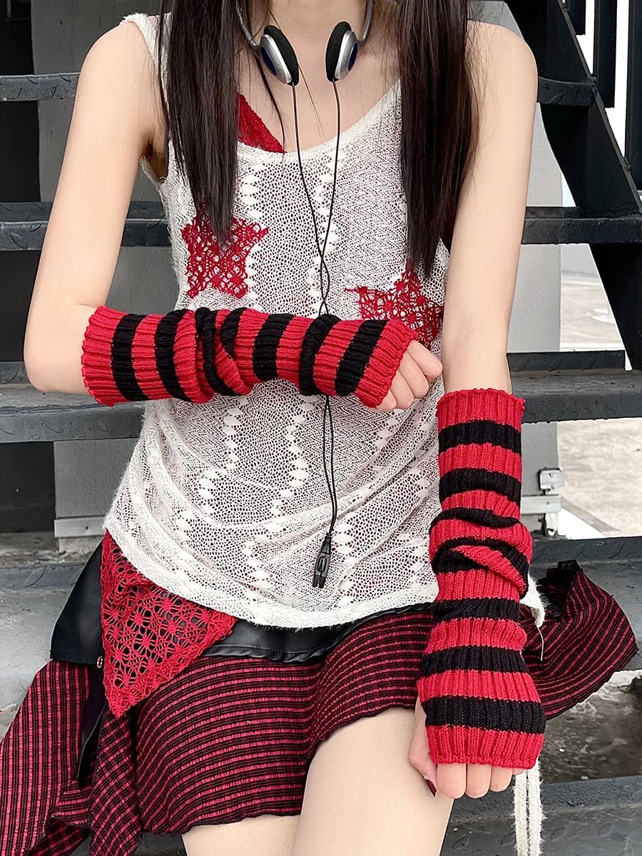 Y2k Striped Arm Warmers Long Fingerless Knitted Gloves Punk Gothic Alt Emo Scene Cool Winter Arm Sleeves Grunge Accessories โ image 5