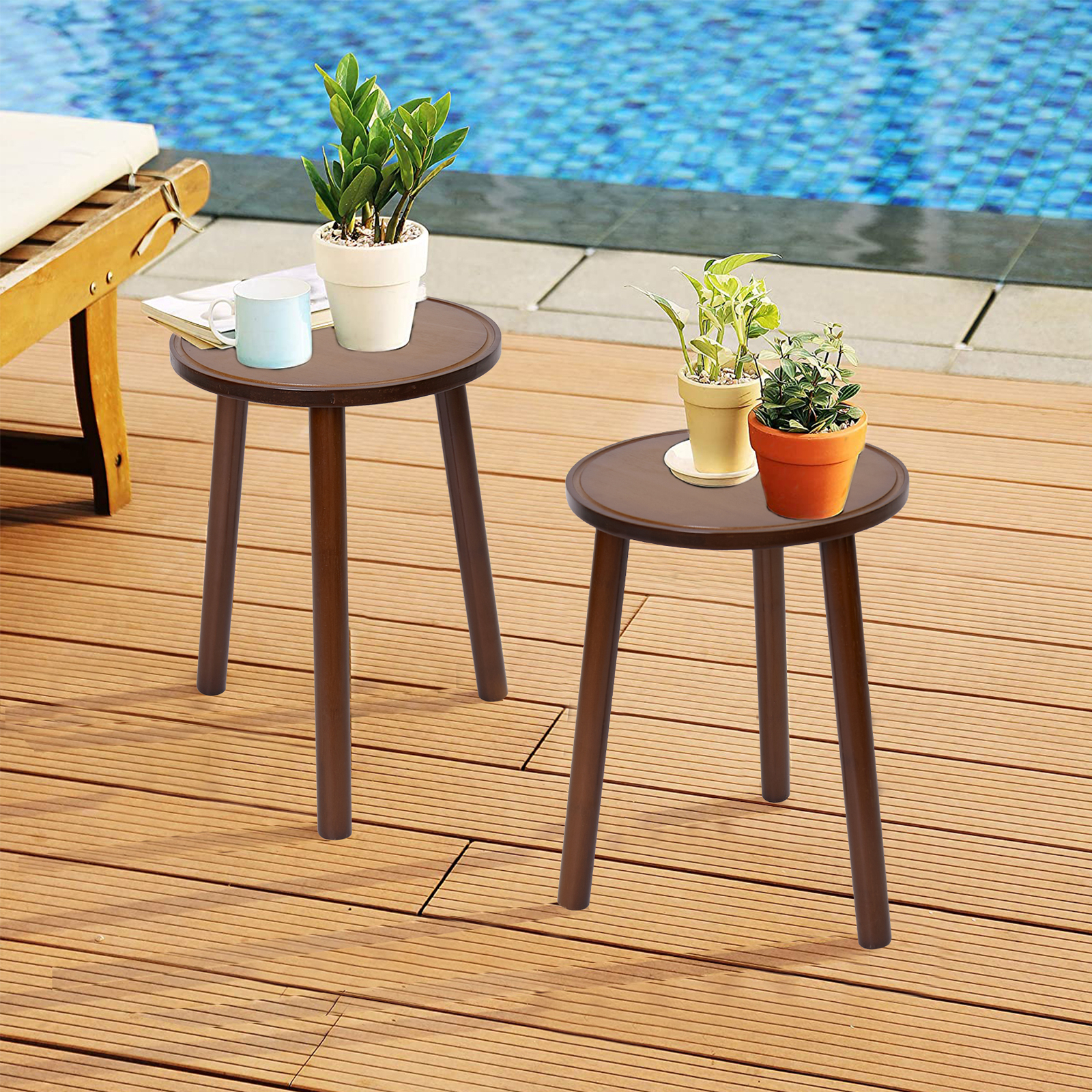 2Pcs Small Side Table Round End Table Wood Plant Stand Super Thick 3-Legs Stool — image 3