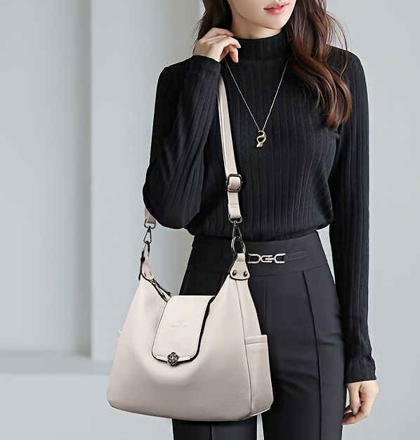 Leather Hobo Bag Shoulder Bag For Women High-Quality Leather Bag Travel Handbag - Gray - Size L — image 2
