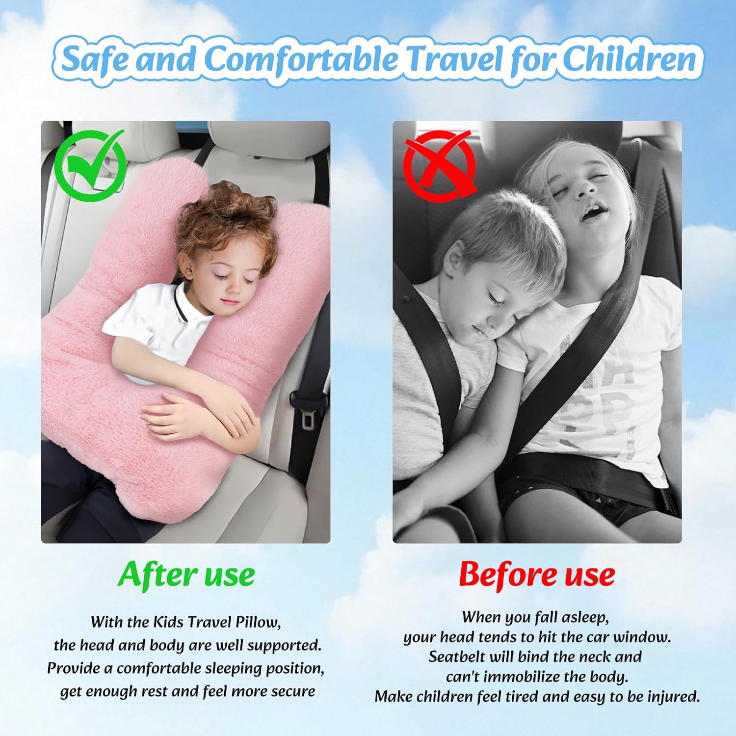 Travel Pillow, Car Pillow for Kids & Adults - Ergonomic Travel Pillows Sleeping Aid for Neck & Body Support, Car Travel Essentials Pillow on Road Trips-Pink — image 2