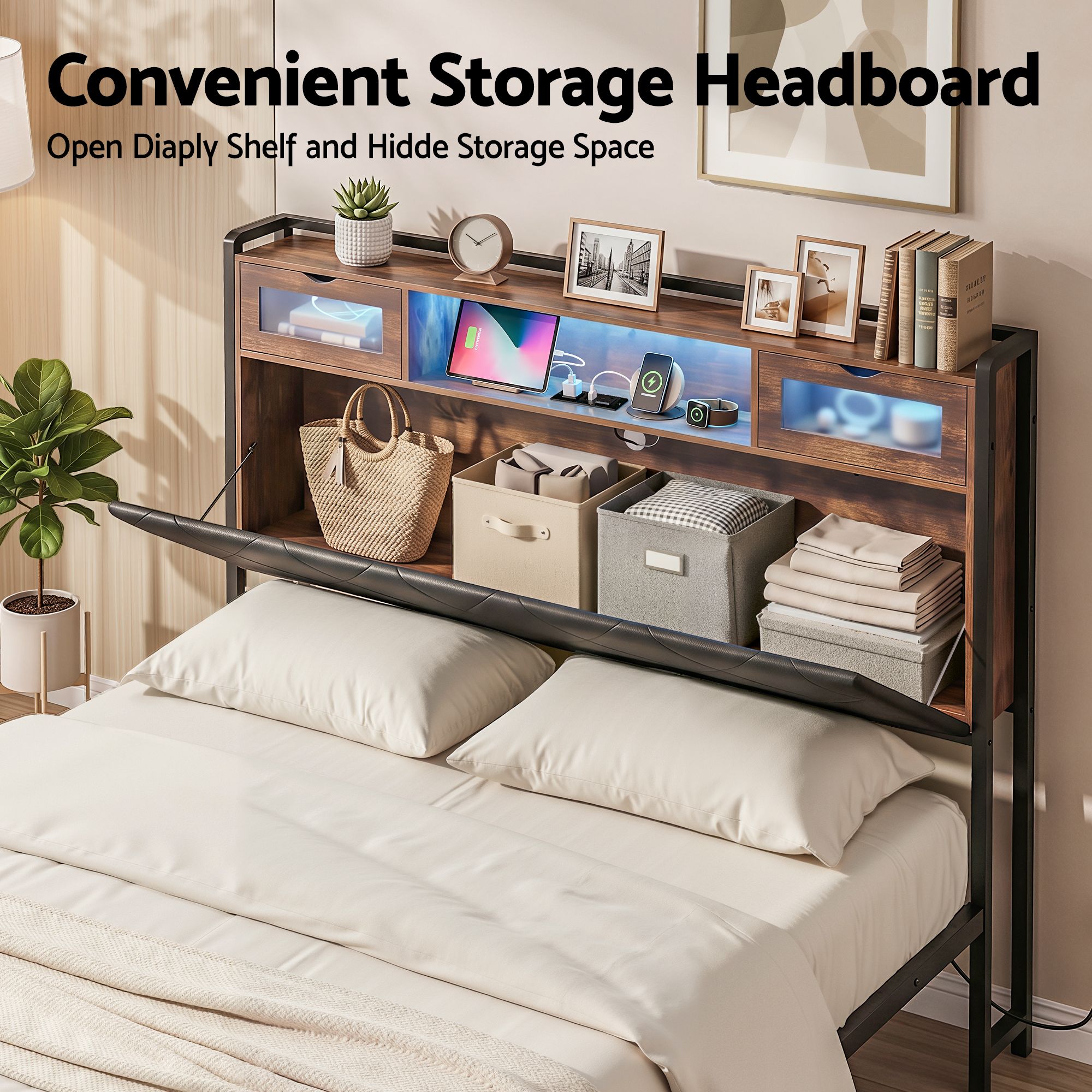 Artiss Double Bed Frame with LED Lights Storage Headboard 2 USB 2 AC Outlets Charging Station โ image 5