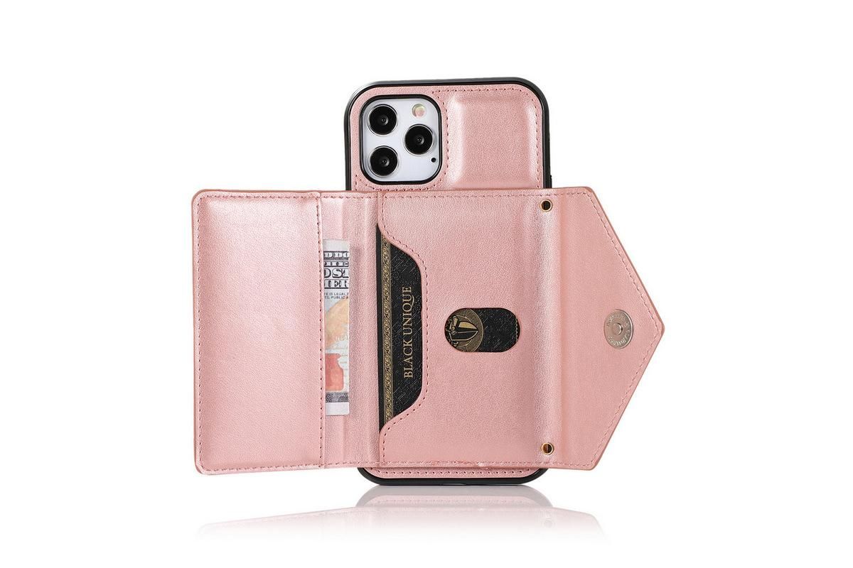 PU Leather Crossbody Phone Case Cover Wallet Card Holder for iPhone 13 Series -Rose Gold /iPhone13 6.1