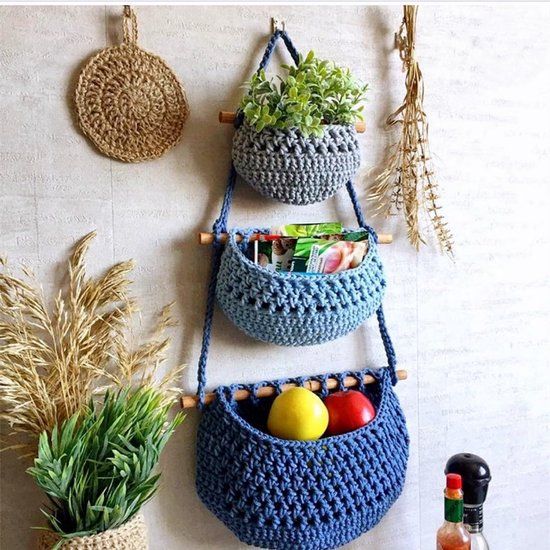 3 Tier Hanging Fruit And Vegetable Basket, Removable Woven Cotton Rope Wall Organizer For Kitchen Storage, Blue And Gray — image 4