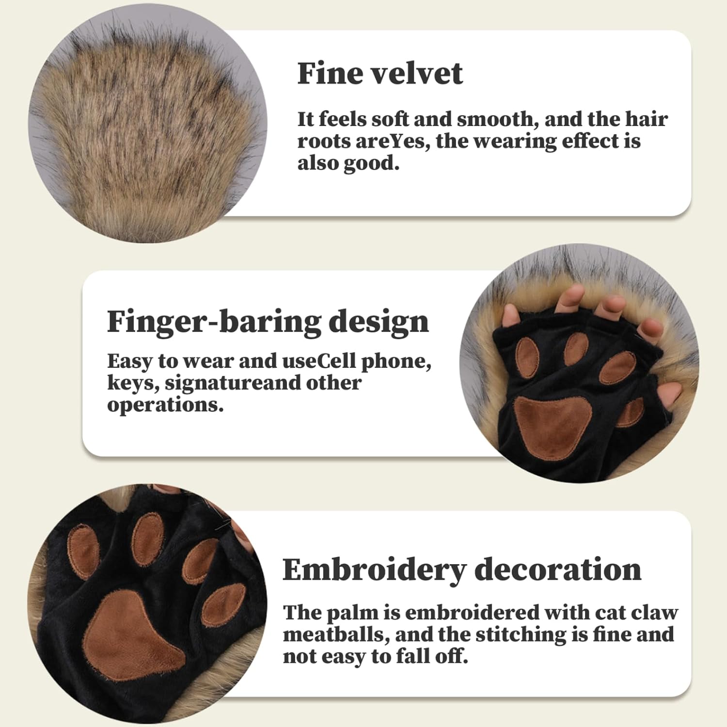 Therian Paws, Cat Paw 1 Pair Half Finger Therian Paws Cute Embroidered Fur Paws Decorative Realistic Paw Gloves for Kids Adults Cosplay Stage, Black — image 2