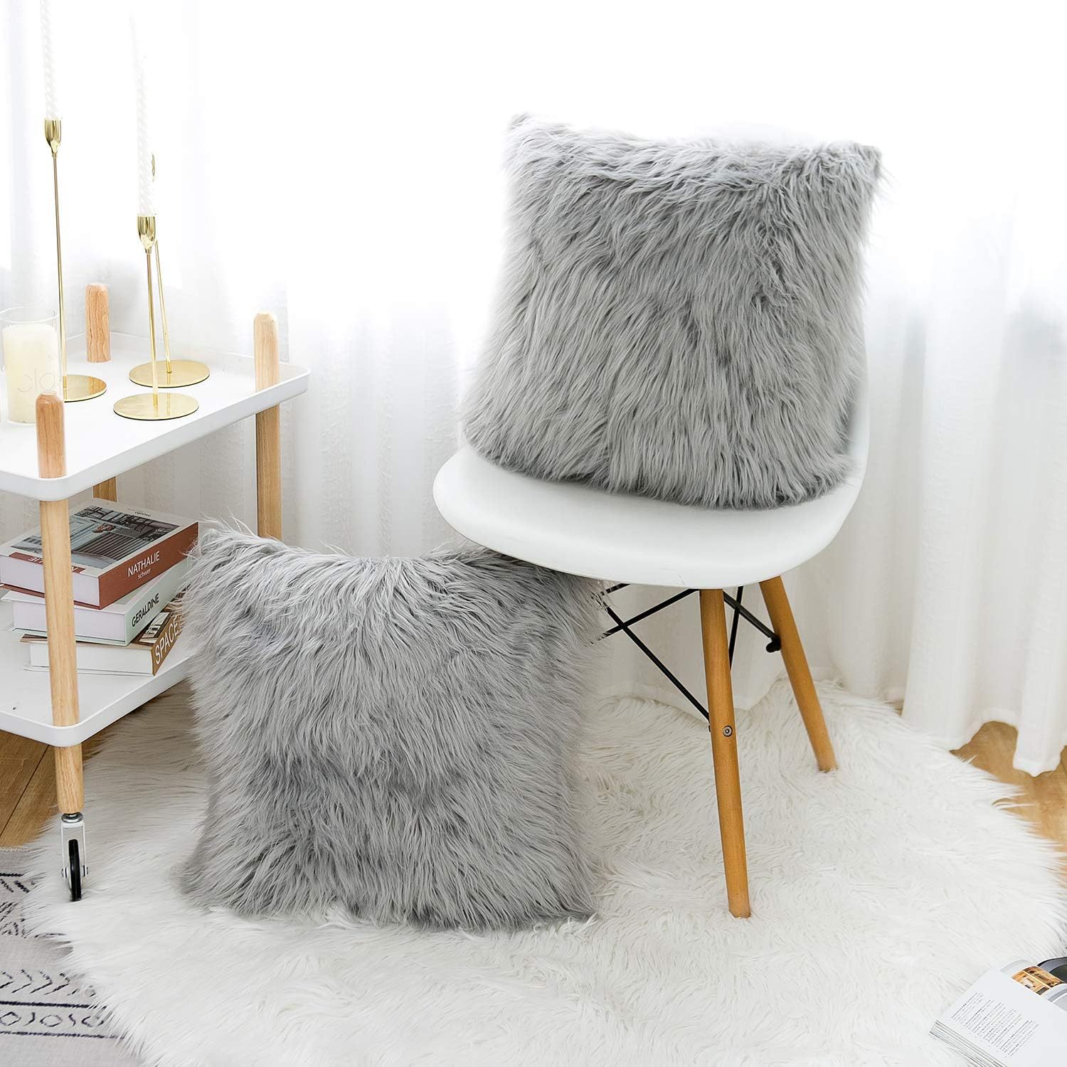 Grey Luxurious Long Faux Fur Cushion Covers - Set of 2, 45 × 45cm Soft Plush Decorative Pillowcases for Sofa & Bed — image 4