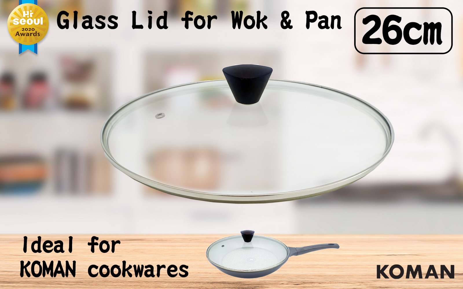 KOMAN Stainless Steel Glass Lid with Bakelite Handle - 26cm โ image 2