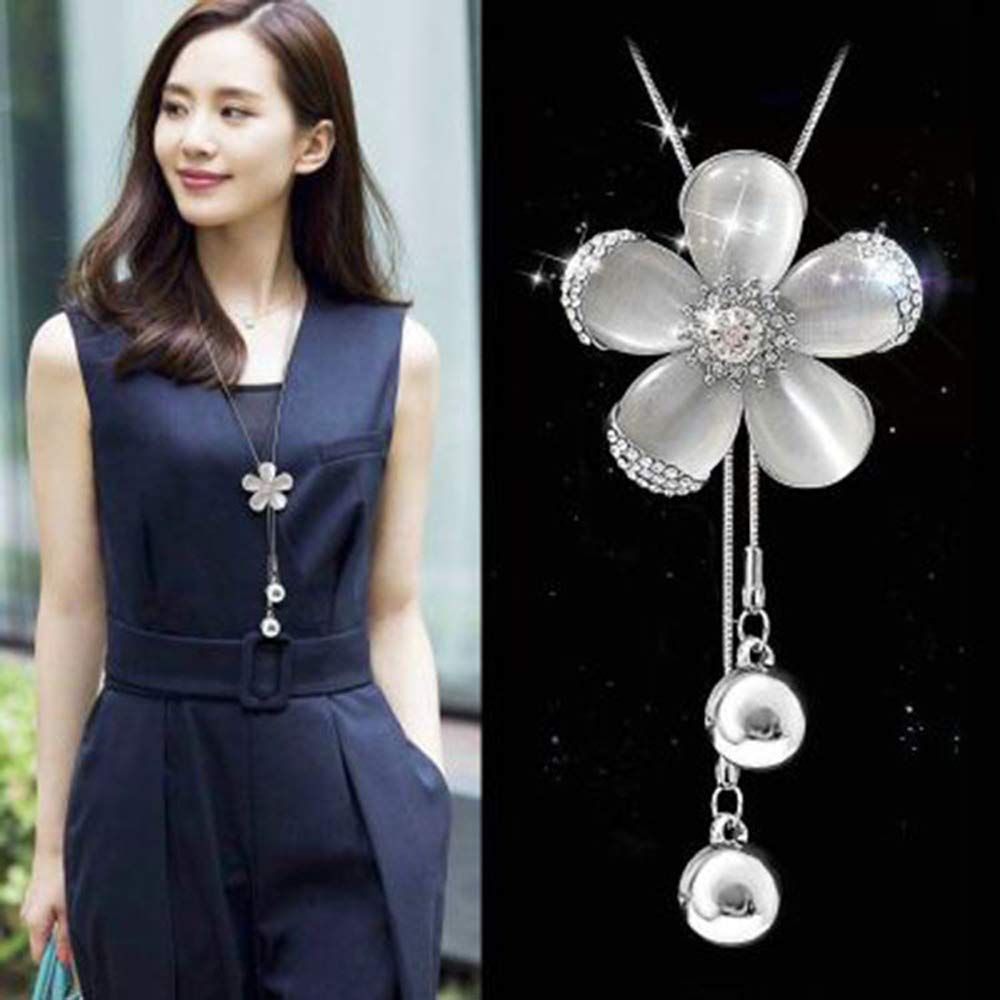Crystal Flower Pendant Necklace Pretty Pearl Adjustable Long Sweater Necklace Fashion Jewelry for Women โ image 3