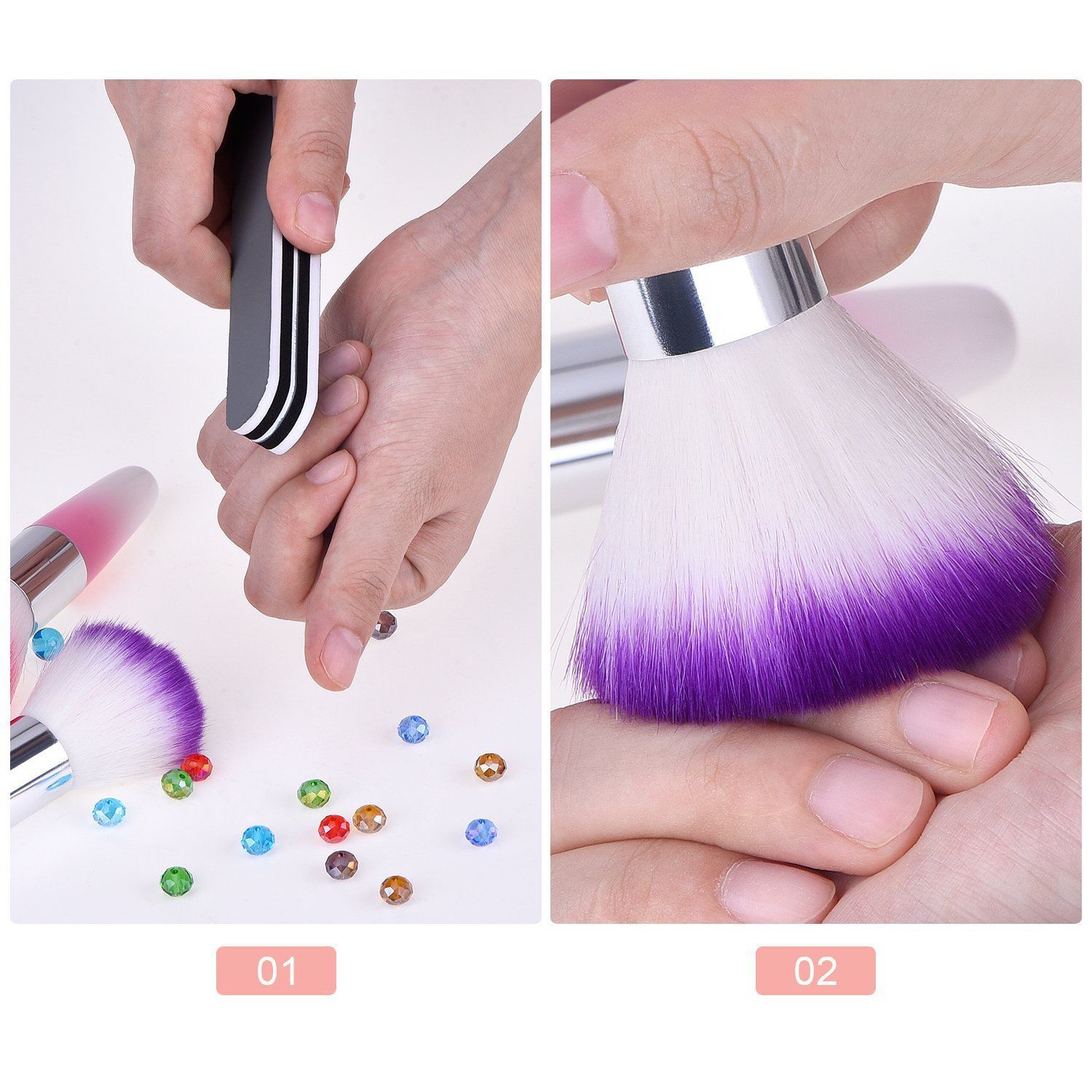 2 Pieces Soft Nail Art Dust Remover Powder Brush Cleaner for Acrylic and Makeup Powder Blush Brushes (Pink, Purple) — image 3