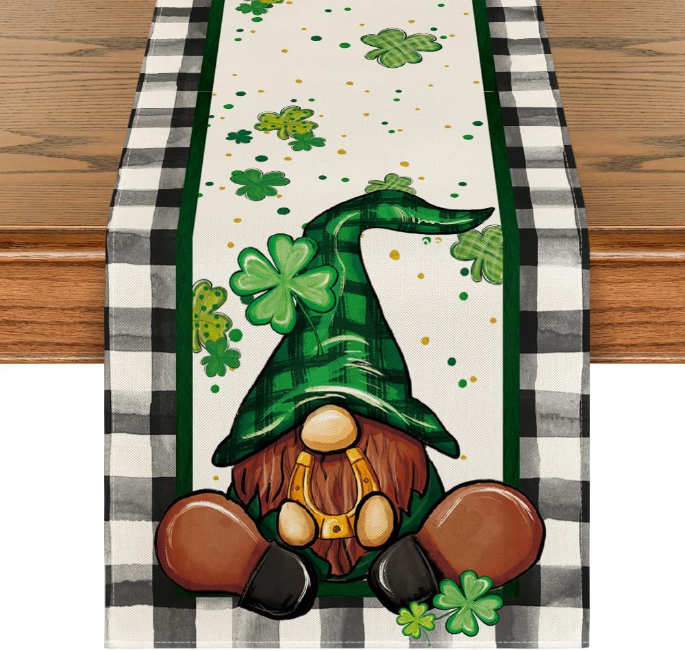 Buffalo Plaid Shamrock Gnome St. Patrick's Day Table Runner, Seasonal Spring Holiday Kitchen Dining Table Decoration for Indoor Outdoor Home Party Decor 13 ×